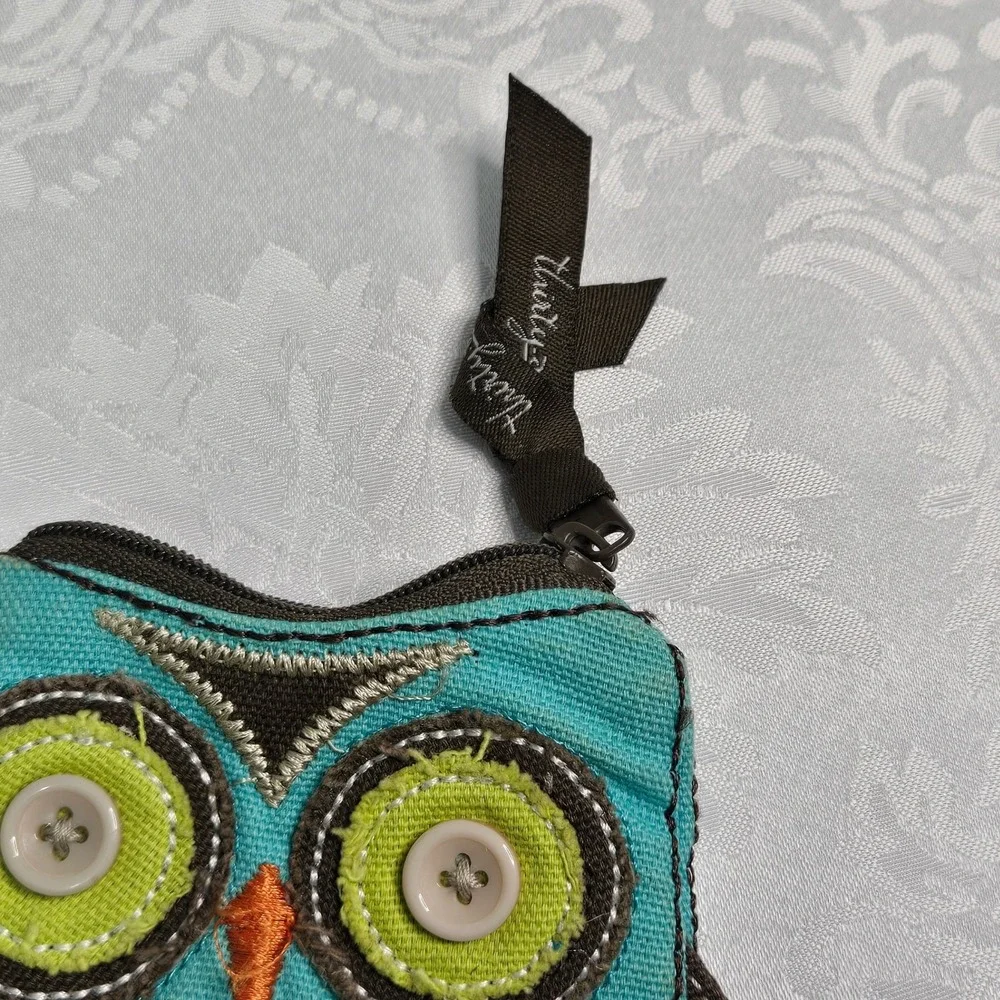 Thirty-One Owl Coin Purse Turquoise Blue Canvas Zipper Pouch with Key Clip